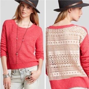Free People coral sweater crochet back hi lo hem